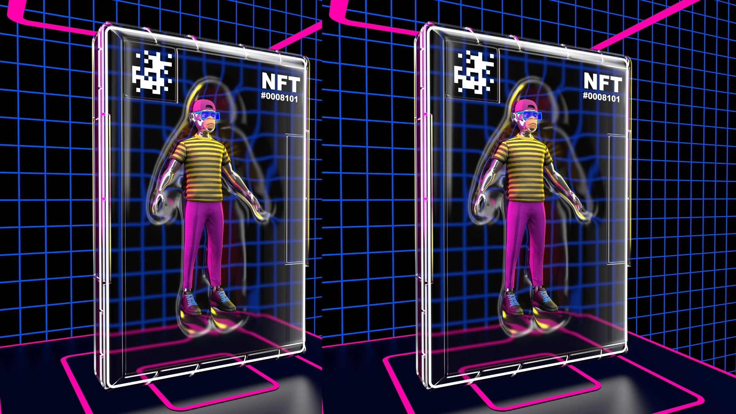 Two 3D rendered NFT digital collectible cards displaying a metaverse avatar character against a retro neon grid background