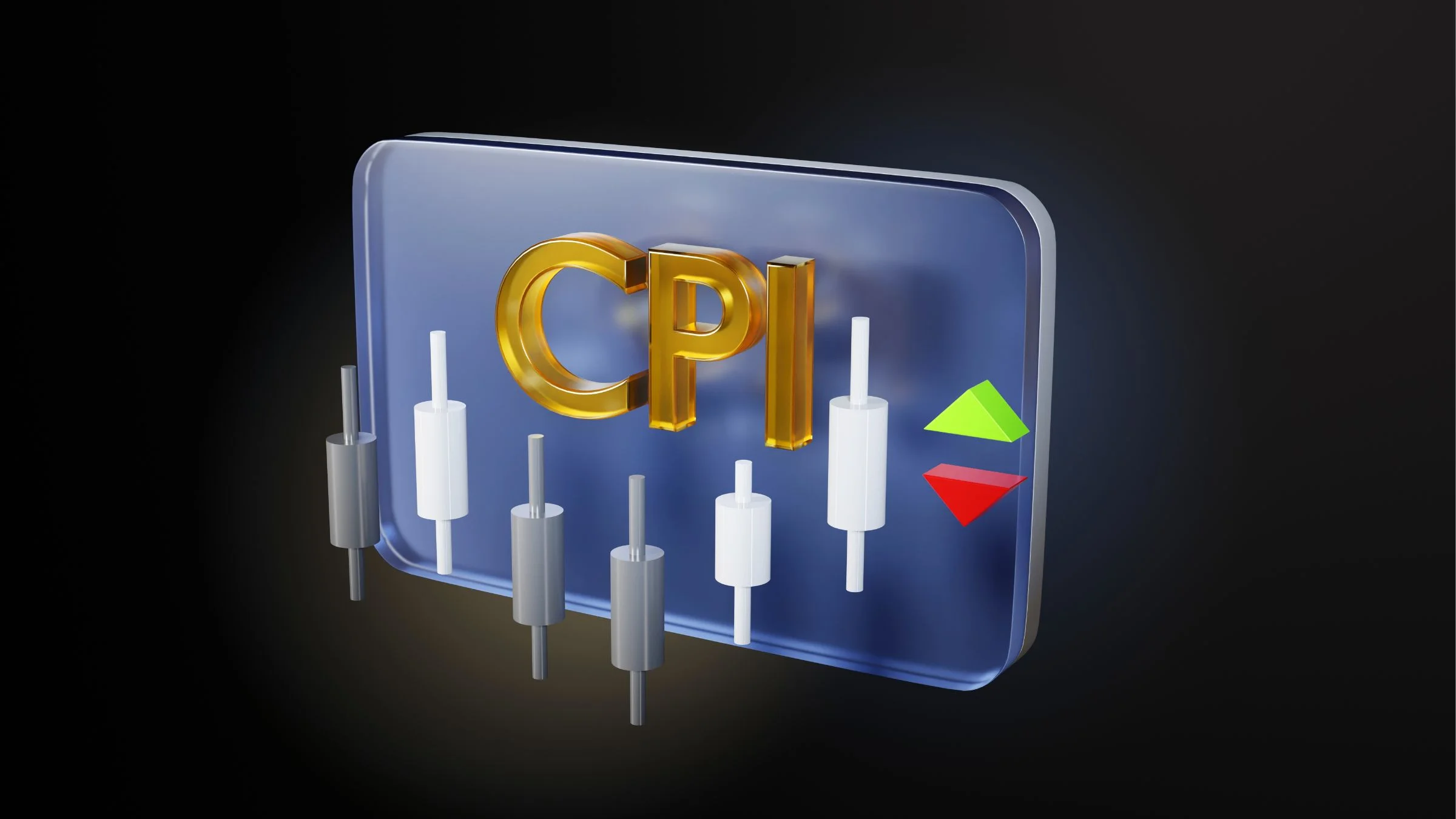 3D rendered graphic of "CPI" in gold lettering on a glass panel with candlestick chart elements and green/red directional arrows