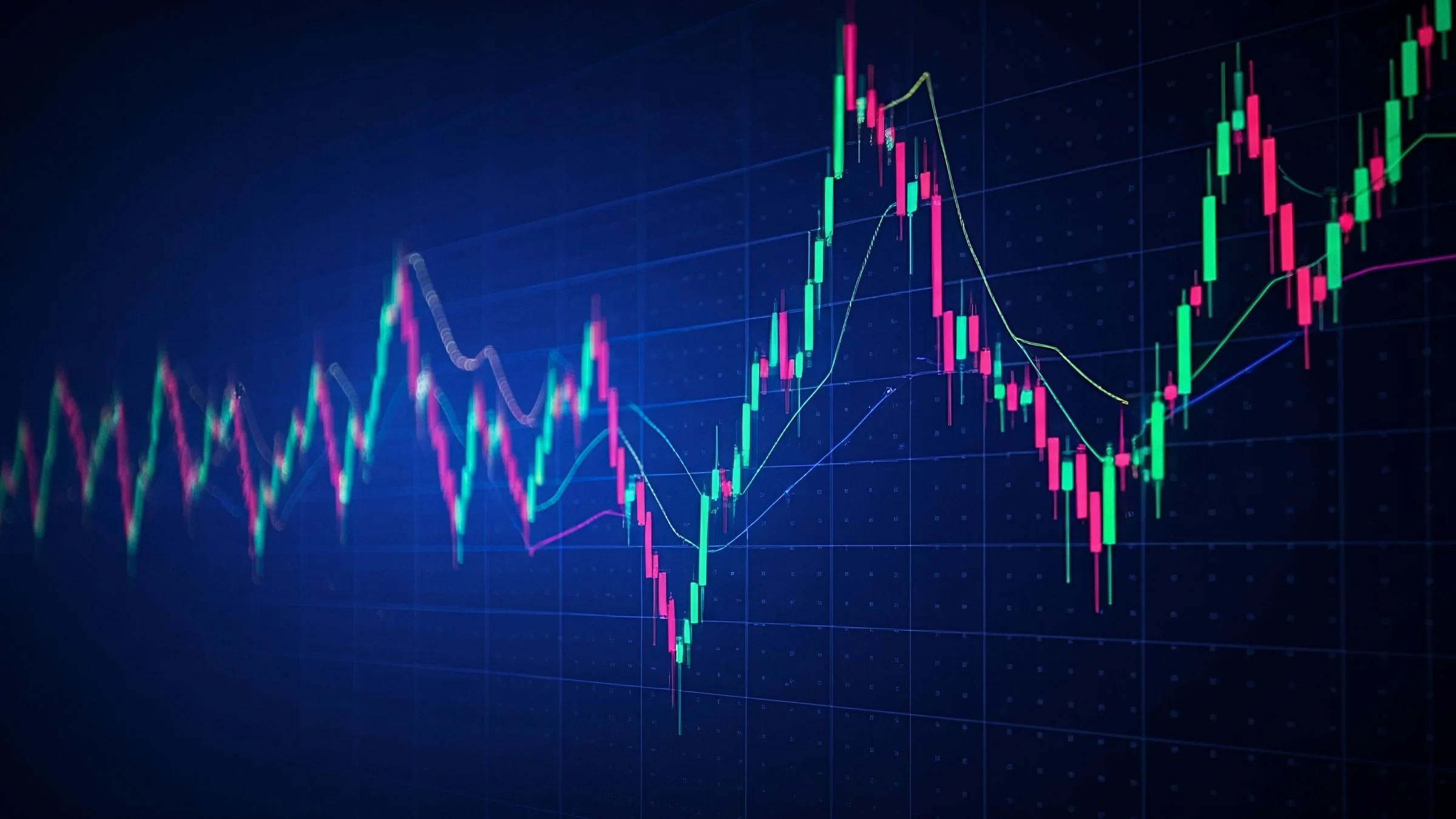 Glowing candlestick stock market chart with technical indicators on a dark blue background