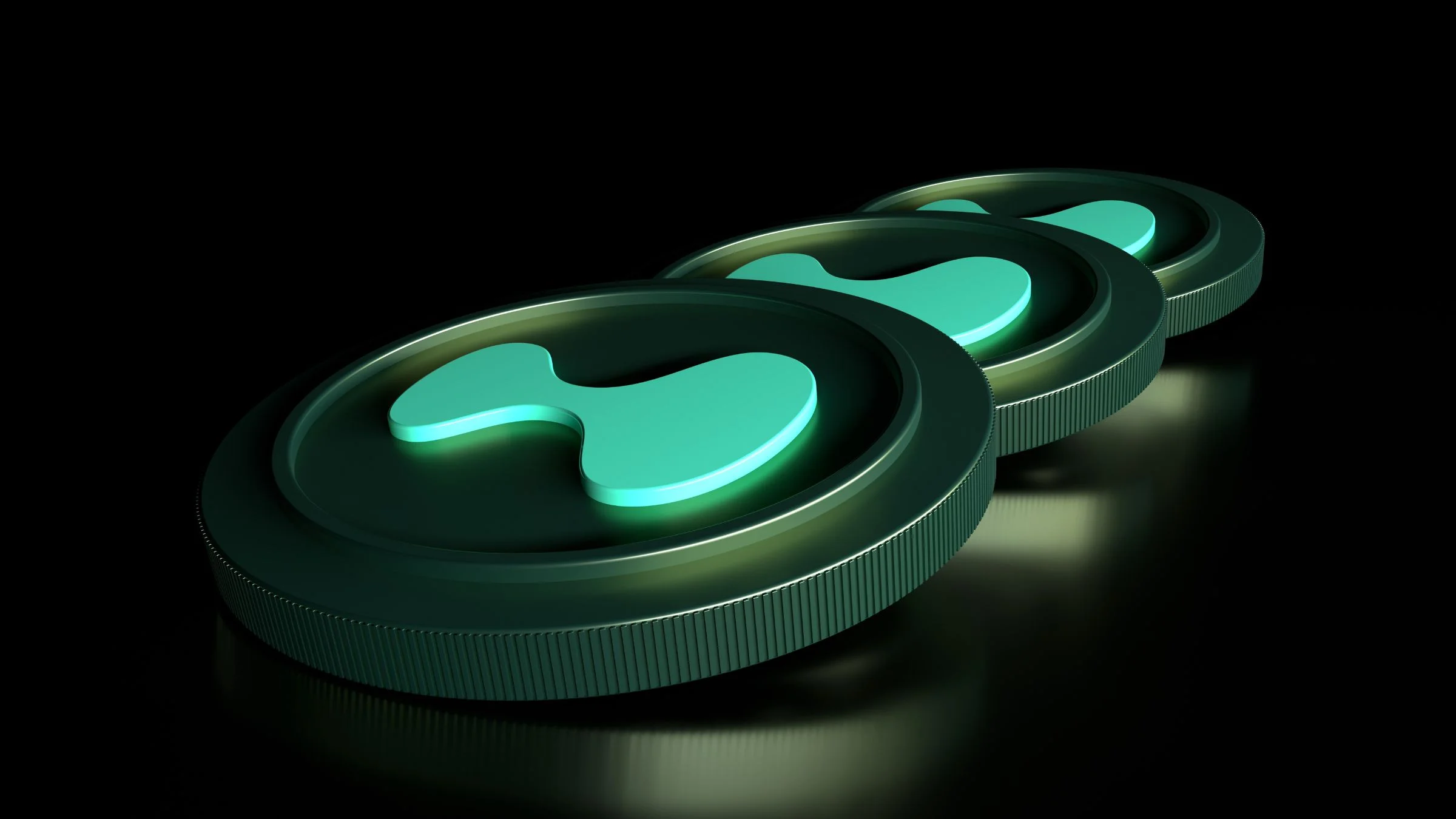 Three dark metallic coins with glowing green cryptocurrency symbols arranged in a row on a dark background