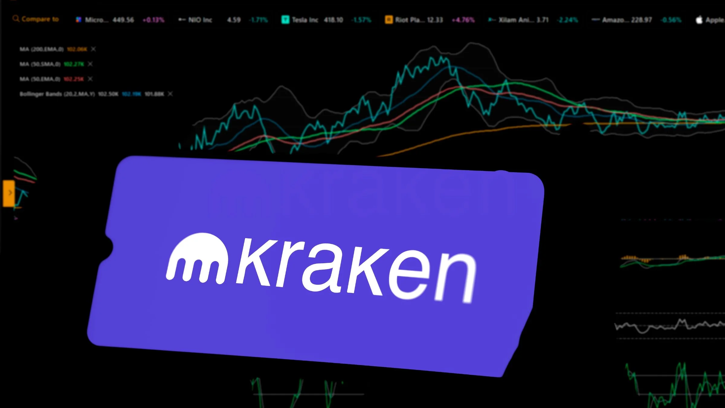 Kraken cryptocurrency exchange logo displayed in front of digital trading charts