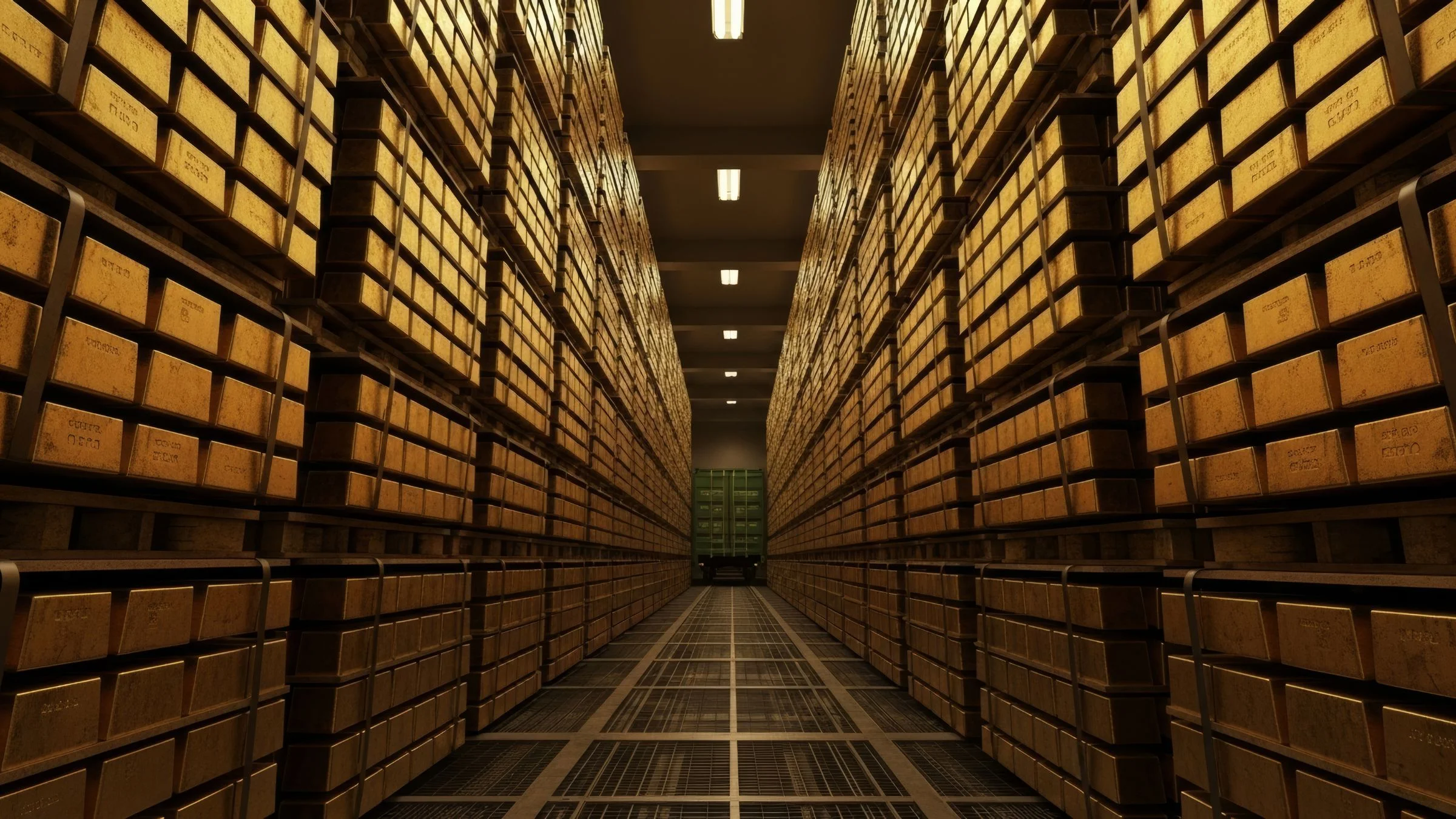 Rows of stacked gold bullion bars inside a large secure vault facility