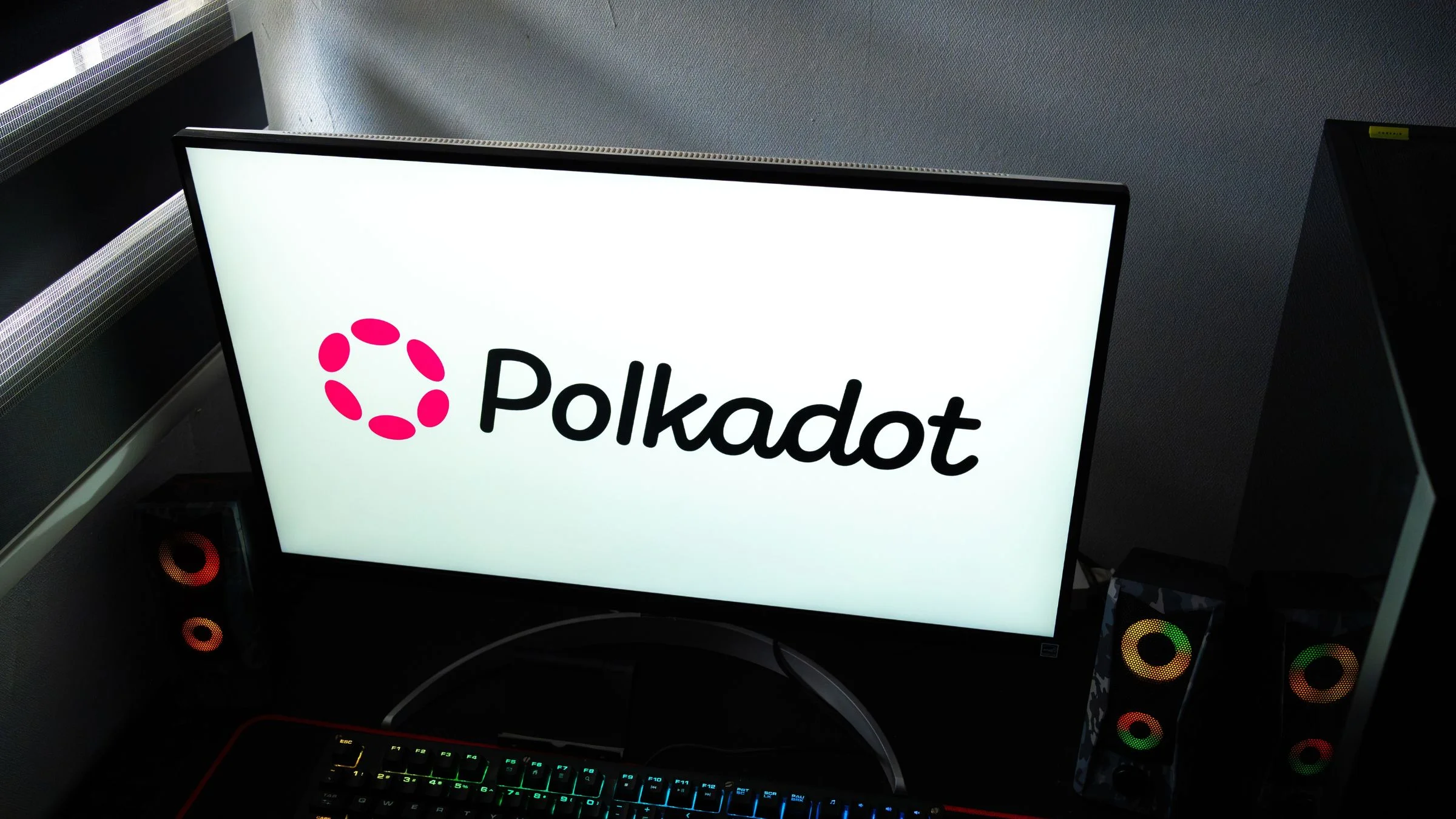Polkadot cryptocurrency logo displayed on a desktop computer monitor at a gaming setup