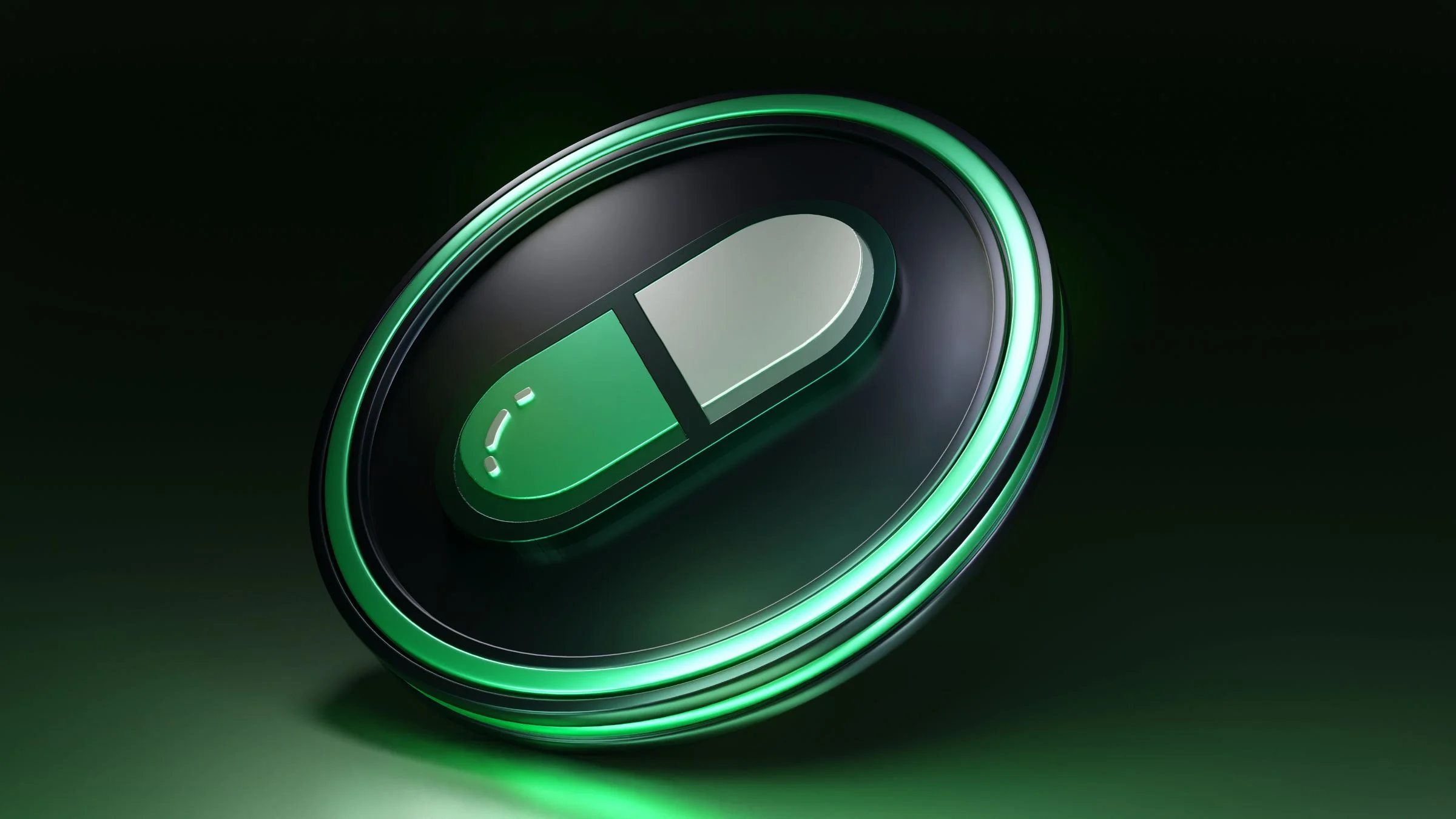 A 3D rendered green and black capsule pill icon on a dark green background