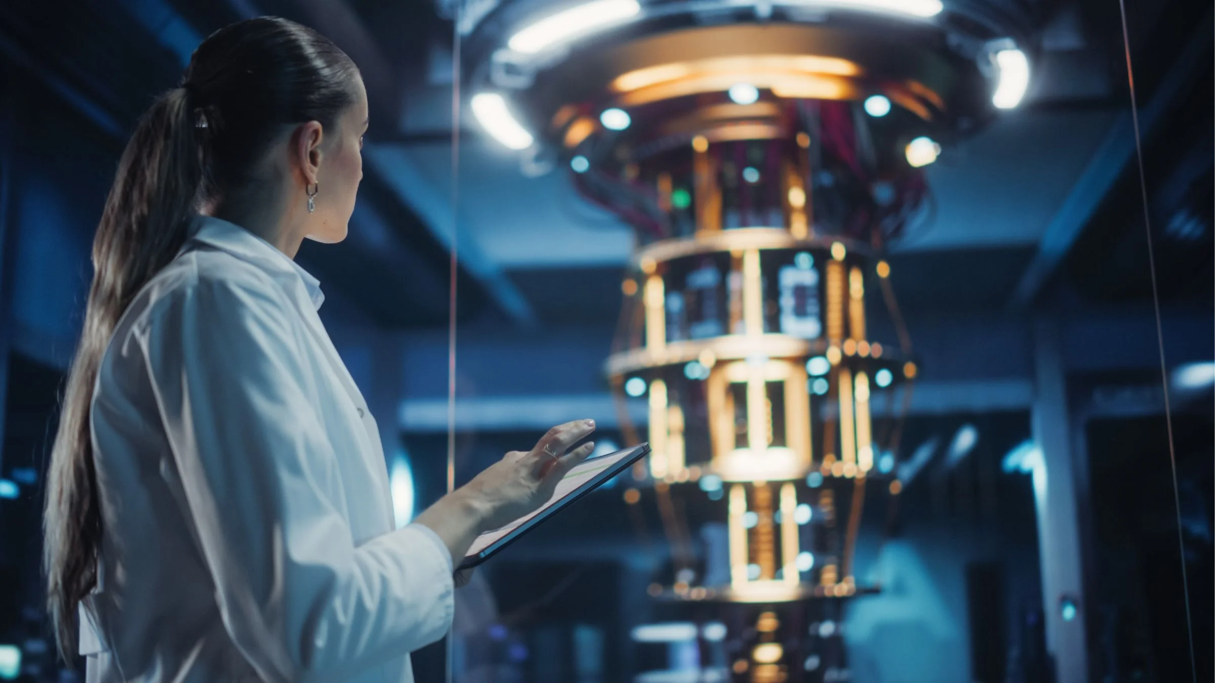 Researcher Studying a Quantum Computer in a High-Tech Laboratory