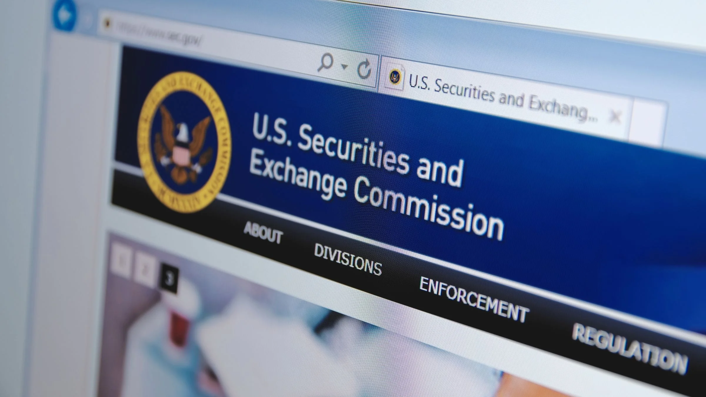 Computer screen showing the U.S. Securities and Exchange Commission website header and logo in a web browser.