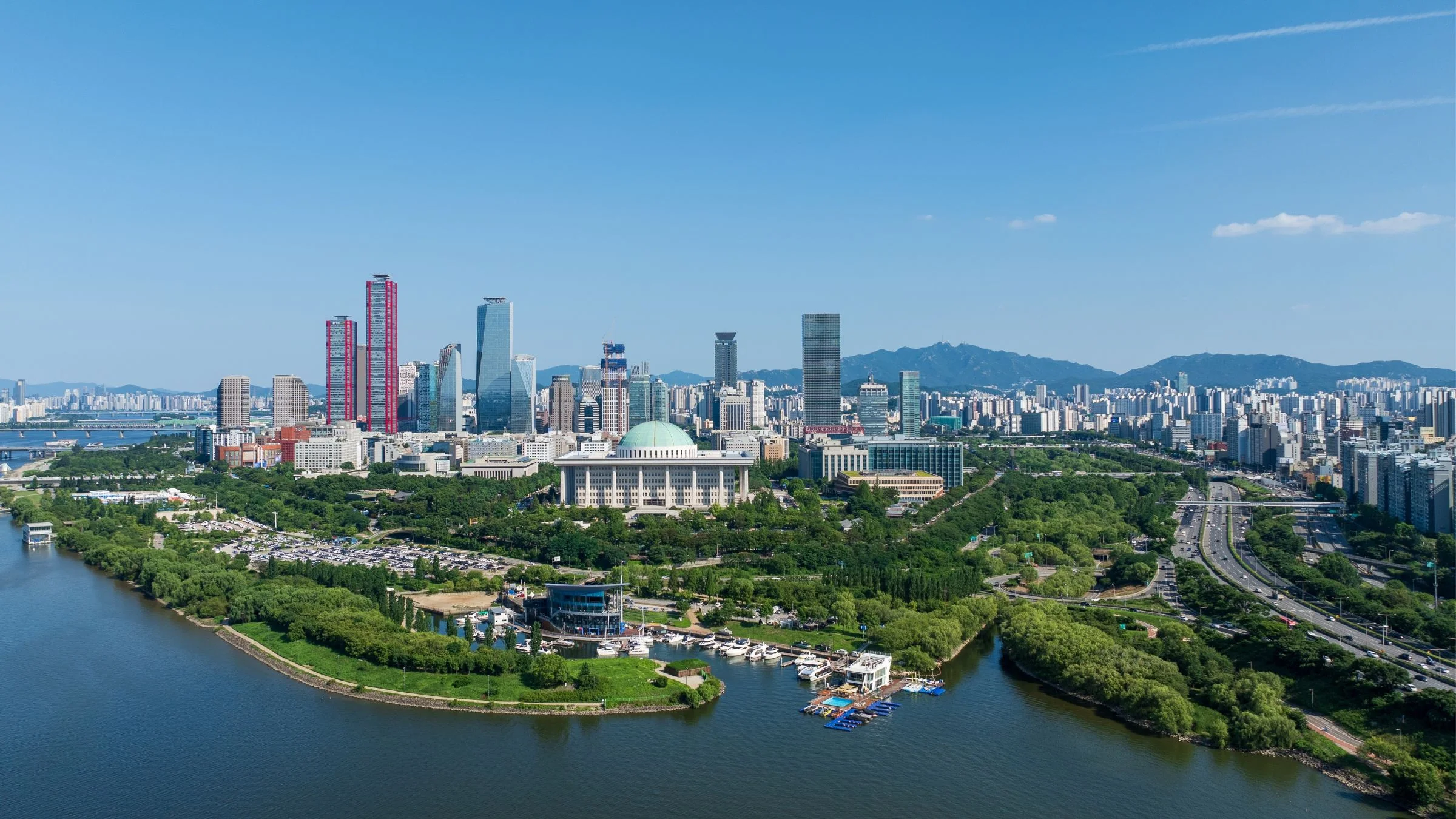 Aerial view of Seoul’s Yeouido financial district and Hangang River in South Korea