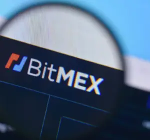 Close-up of the BitMEX logo displayed on a computer screen