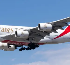 Emirates Airbus A380 passenger aircraft flying against a clear blue sky.