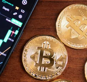 Gold Bitcoin coins beside a phone showing a Bybit price chart