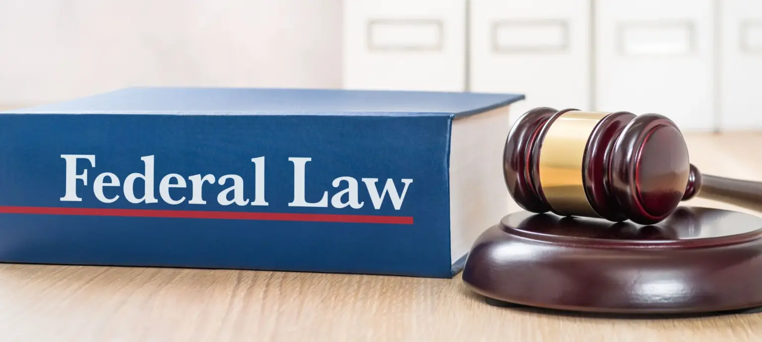 Federal law book beside a wooden judge’s gavel on a desk in a legal office.
