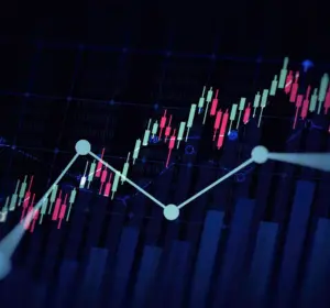 Digital financial market chart with candlesticks, trend lines, and trading indicators