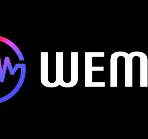 WEMIX logo featuring a gradient circular waveform symbol beside white text
