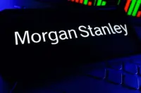 Morgan Stanley name displayed on a device screen with green and red market chart bars in the background.