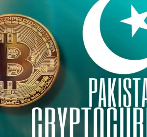 Graphic showing a Bitcoin coin beside a Pakistan flag symbol and the words “Pakistan Cryptocurrency” on a teal background.
