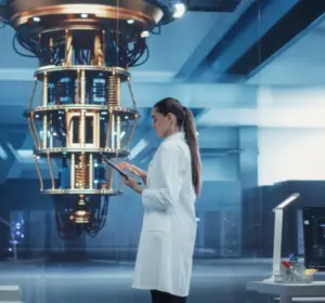 Scientists monitoring a quantum computer in a research lab