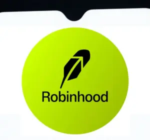 Robinhood logo displayed on a smartphone screen with a blurred background
