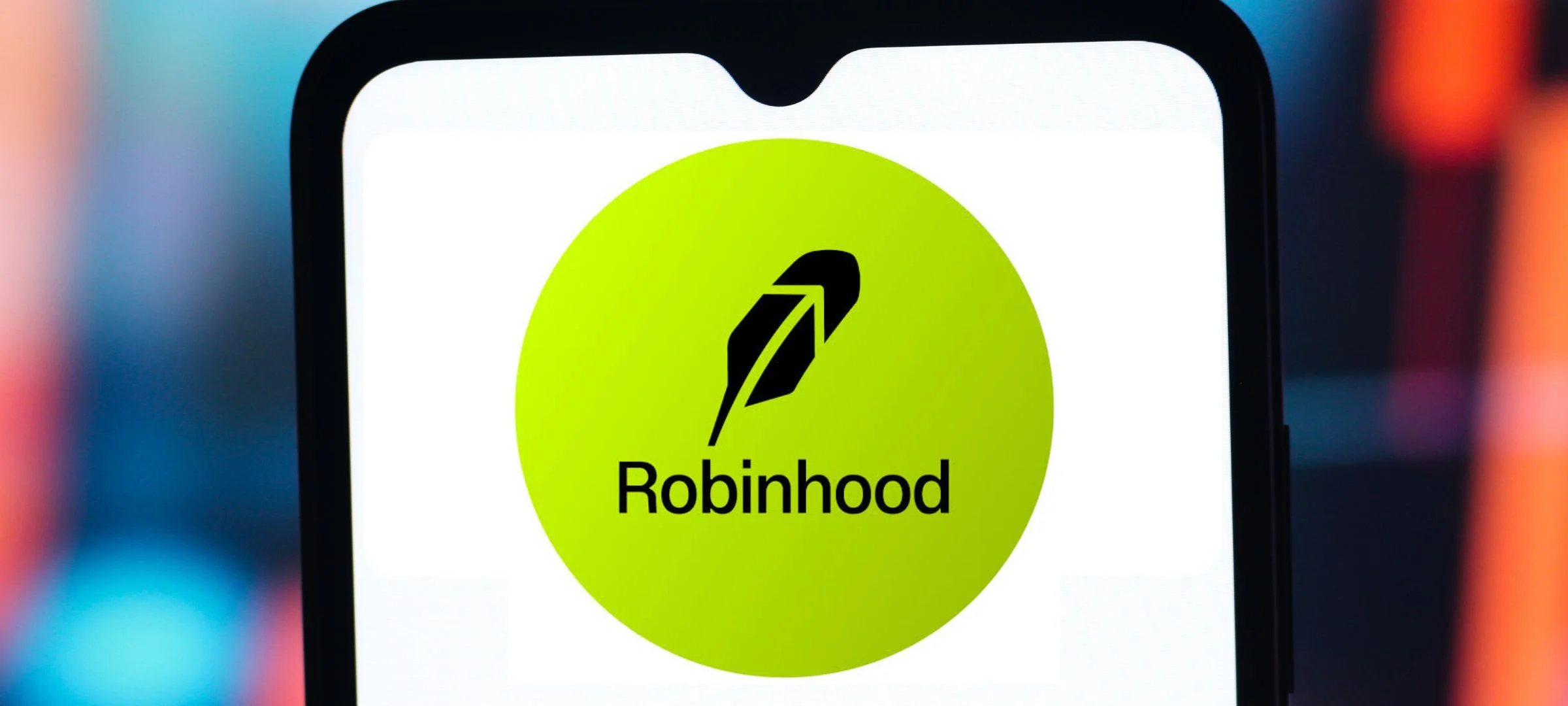 Robinhood logo displayed on a smartphone screen with a blurred background