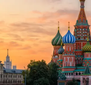 Saint Basil's Cathedral in Moscow at sunset with colorful onion domes