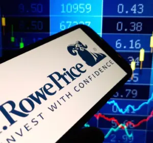 T. Rowe Price logo displayed on a smartphone before colorful financial market charts