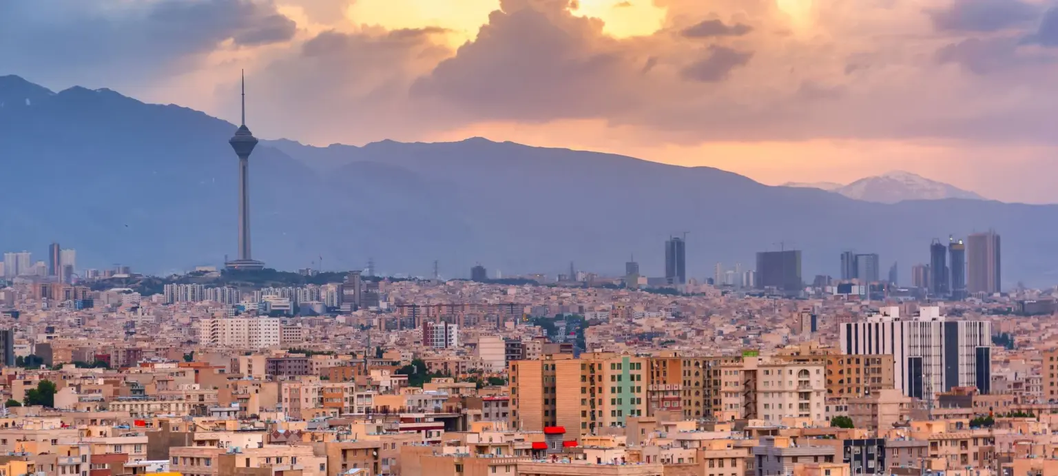 Skyline of Tehran with Milad Tower and the Alborz Mountains in the background