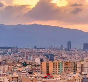 Skyline of Tehran with Milad Tower and the Alborz Mountains in the background