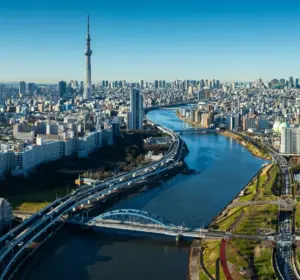 Panoramic view of Tokyo skyline with the Sumida River and Tokyo Skytree
