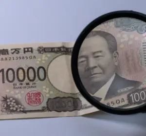 A 10,000-yen banknote examined through a handheld magnifying glass