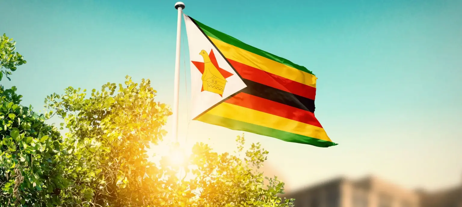Zimbabwean flag waving above sunlit trees beneath a clear blue sky outdoors.