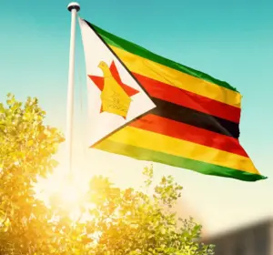 Zimbabwean flag waving above sunlit trees beneath a clear blue sky outdoors.