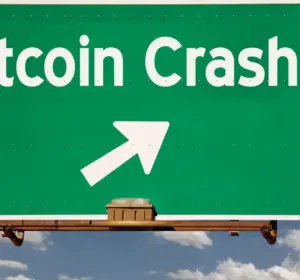 Green Bitcoin Crash road sign with an upward arrow against a cloudy blue sky.