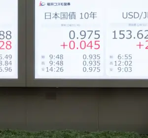 Financial display showing the USD/JPY exchange rate, U.S. stock index and Japanese bond data